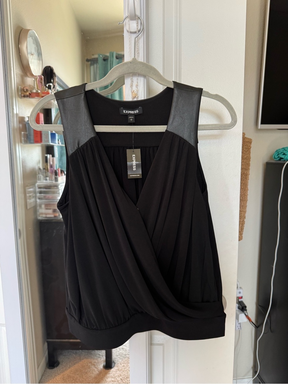 Express Black Sleeveless Faux-Leather Trim Surplice Camisole